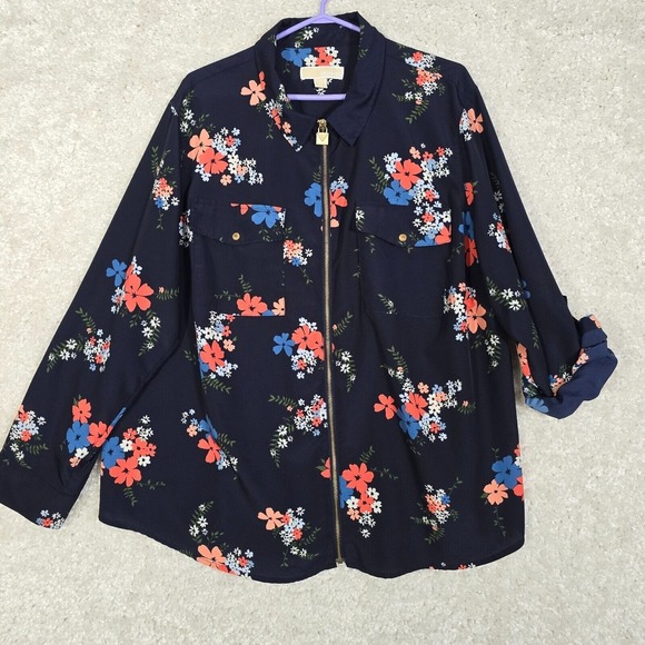 Michael Kors Blouse Womens 3X Blue Floral Zip Front Roll Tab Sleeve Office - Picture 1 of 12